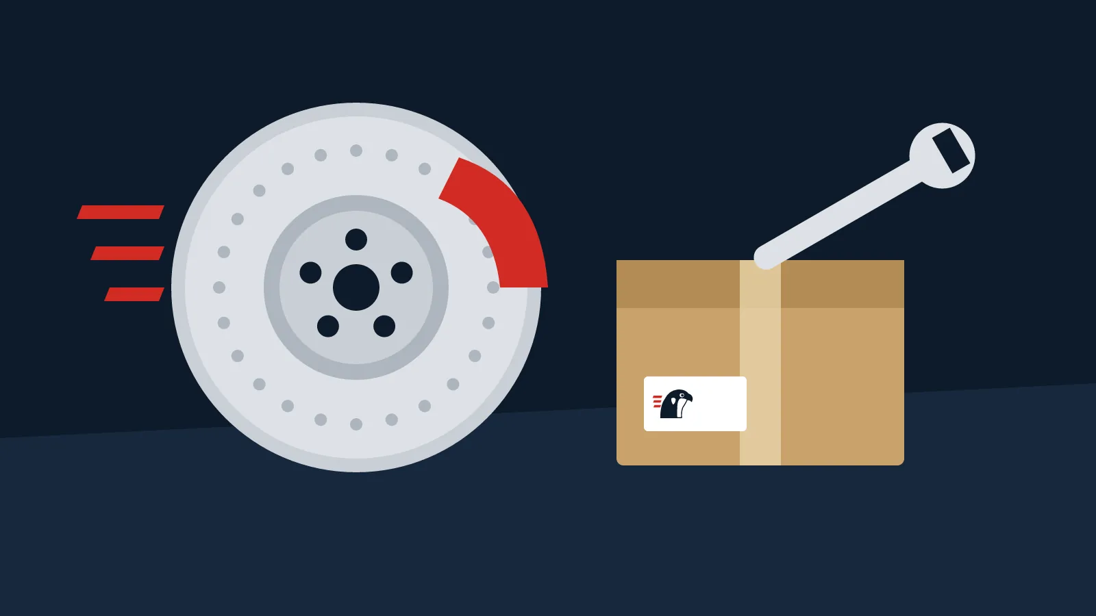 Illustration of a brake rotor and red caliper beside a cardboard parts box with a Falcon label and a wrench
