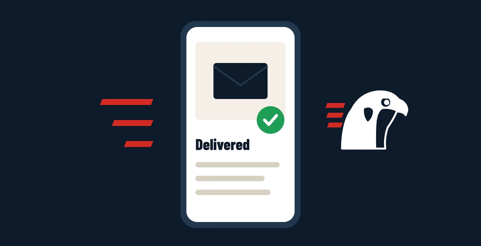 Phone screen showing a delivered envelope with a green check mark, next to the Falcon logo